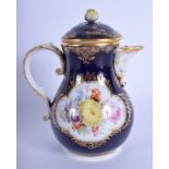 Early 20th c. Meissen hot water jug and cover painted on each side with flowers in a gilt panel on a