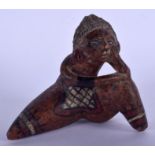AN UNUSUAL ANTIQUE SOUTH AMERICAN PRE COLUMBIAN TERRACOTTA FIGURE modelled resting upon her knee. 11