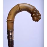 A 19TH CENTURY CONTINENTAL 18CT GOLD MOUNTED RHINOCEROS HORN WALKING CANE with bamboo shaft. 88 cm l