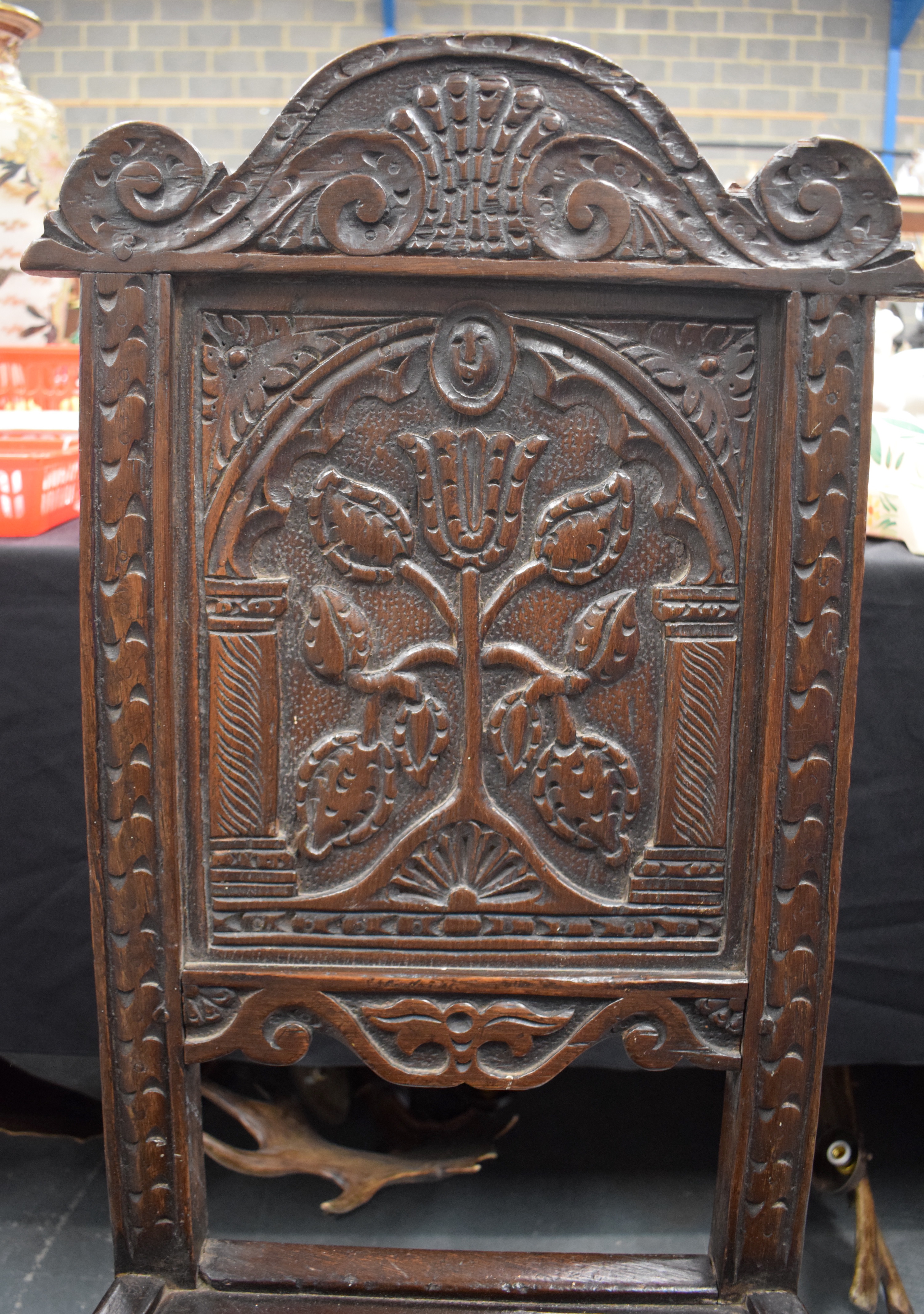 A 17TH CENTURY OAK DINING CHAIR with Tudor style floral back splat. 104 cm x 48 cm. - Image 2 of 5