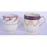 18th c. Caughley unusual coffee cup of reeded form decorated with cornflowers under a pink border an