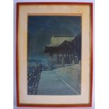 A GOOD SET OF SEVEN FRAMED EARLY 20TH CENTURY JAPANESE WOODBLOCK PRINTS depicting various scenes, in