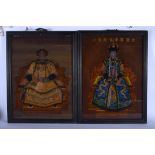 A PAIR OF CHINESE REPUBLICAN PERIOD REVERSE PAINTED MIRRORS probably Ancestral. Image 58 cm x 32 cm.