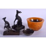 A CHINESE BRONZE TWIN DEER SEAL 20th Century, together with three other items. Largest 10 cm wide. (