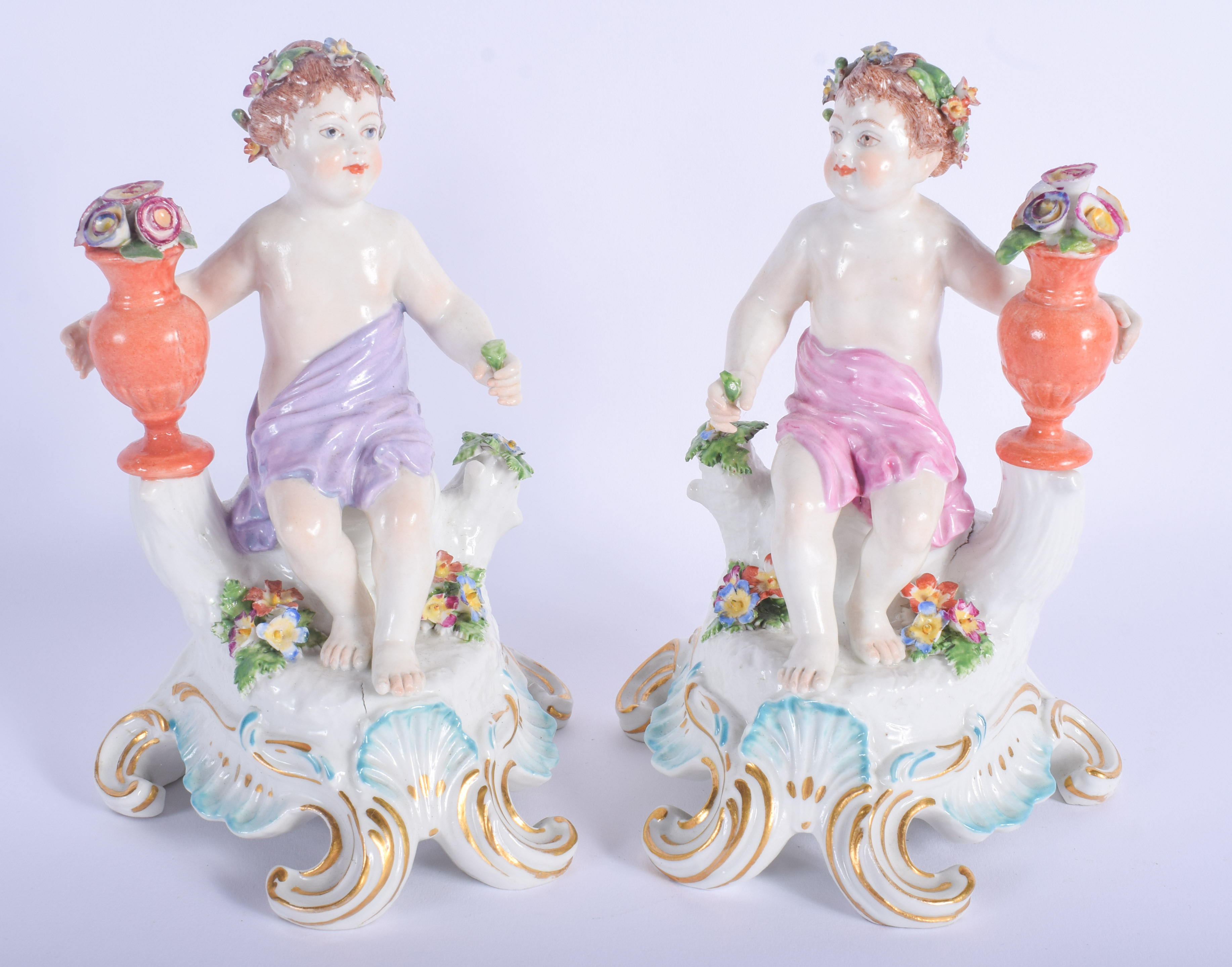 A PAIR OF 19TH CENTURY SAMSONS OF PARIS PORCELAIN FIGURES after 18th century Chelsea Derby originals