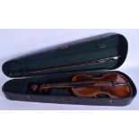 AN ANTIQUE CASED VIOLIN with single back and bow. 57 cm long. (2)