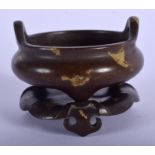 A CHINESE GOLD SPLASH BRONZE CENSER ON STAND 20th Century. 5 cm wide, internal width 4.5 cm.