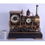 A LARGE CONTEMPORARY BRONZE LOCOMOTIVE CLOCK with thermometer, upon a base imitating railway lines.