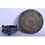 A CHINESE JUNYAO STONEWARE CENSER 20th Century, together with a large bronze mirror. Largest 23.5 cm