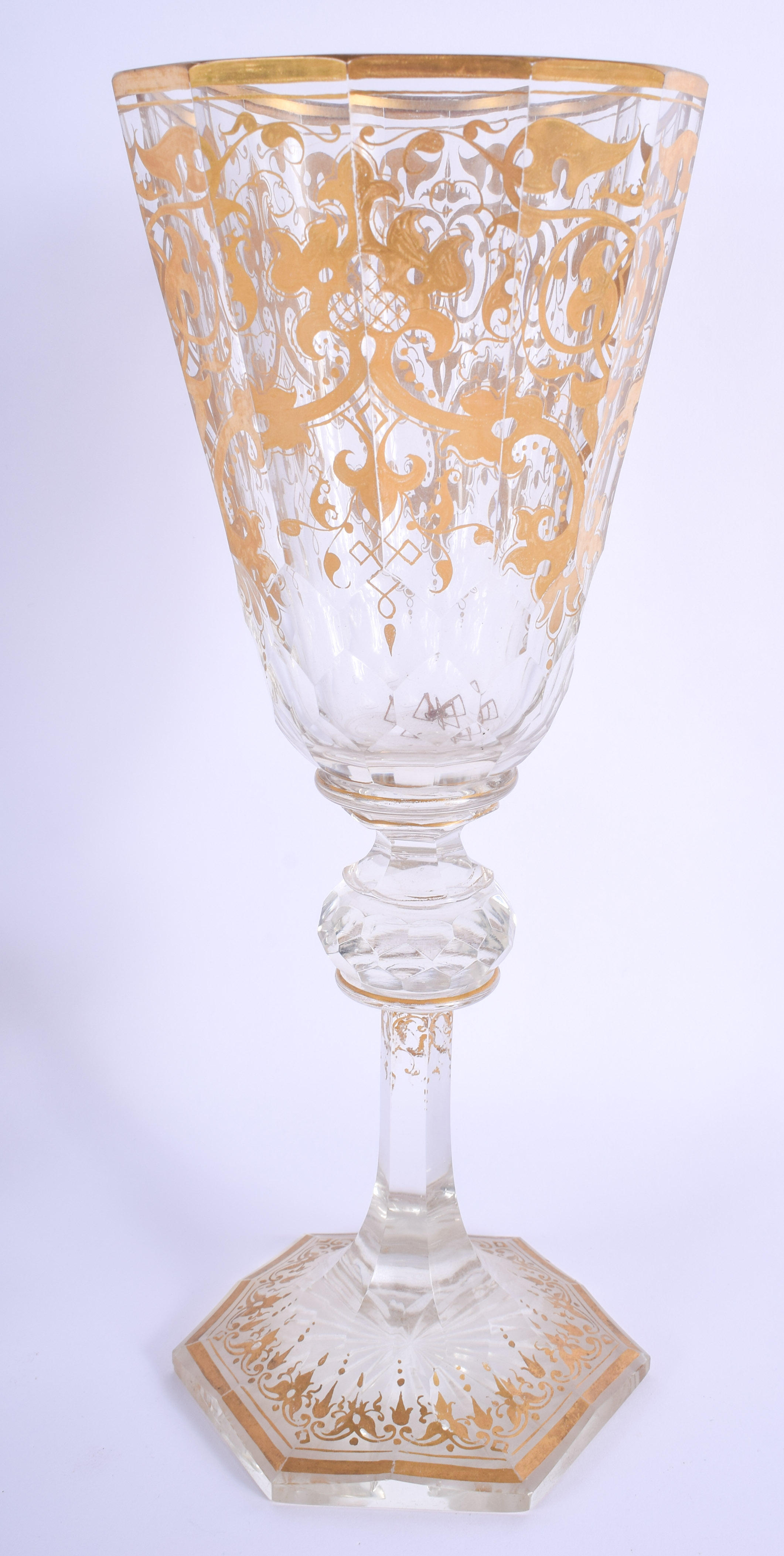 A LARGE 19TH CENTURY BOHEMIAN GILT DECORATED GLASS GOBLET highlighted with scrolling vines. 28.5 cm - Image 2 of 2