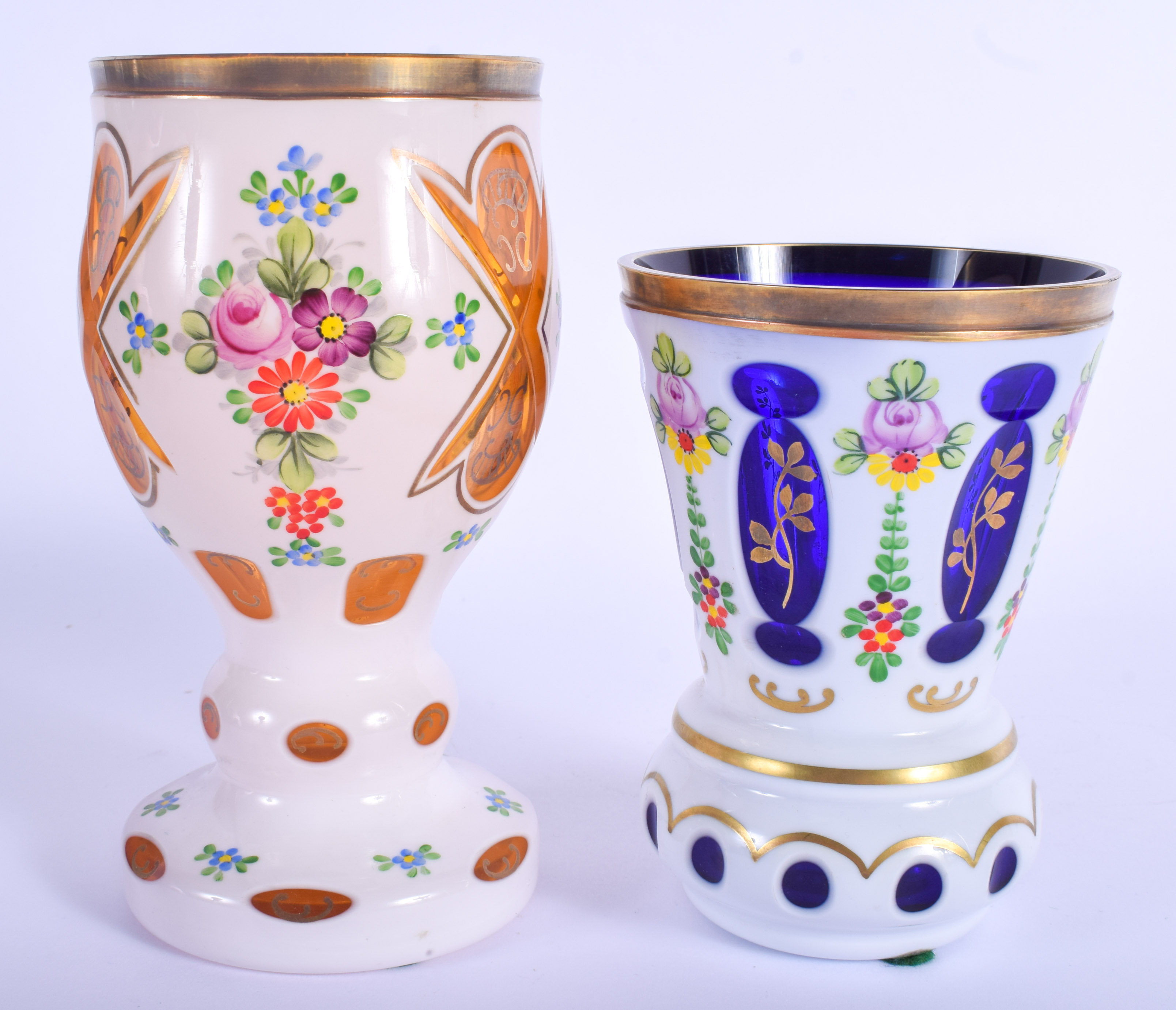 TWO BOHEMIAN ENAMELLED GOBLETS decorated with flowers. Largest 17 cm high. (2) - Image 2 of 2
