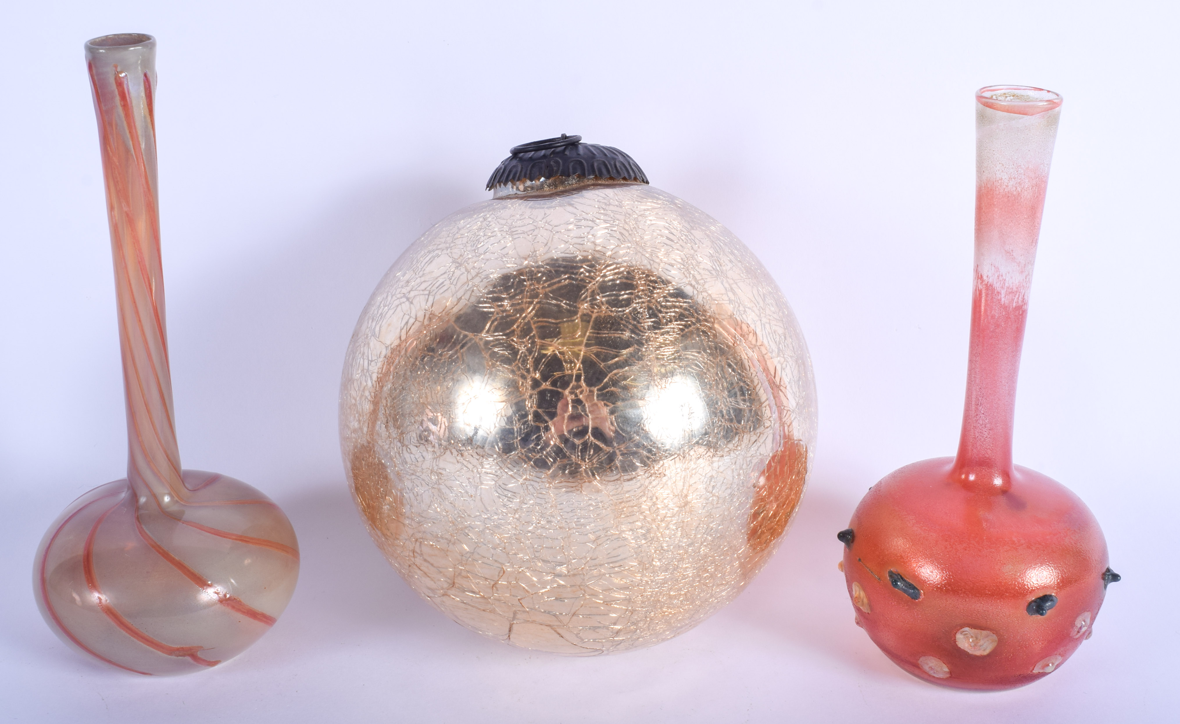 A VINTAGE COPPER MOUNTED GLASS CHRISTMAS BAUBLE together with a pair of vases. Largest 21 cm high. (