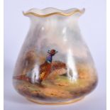 A ROYAL WORCESTER CRIMPED PHEASANT VASE by Stinton. 8 cm x 6.5 cm.