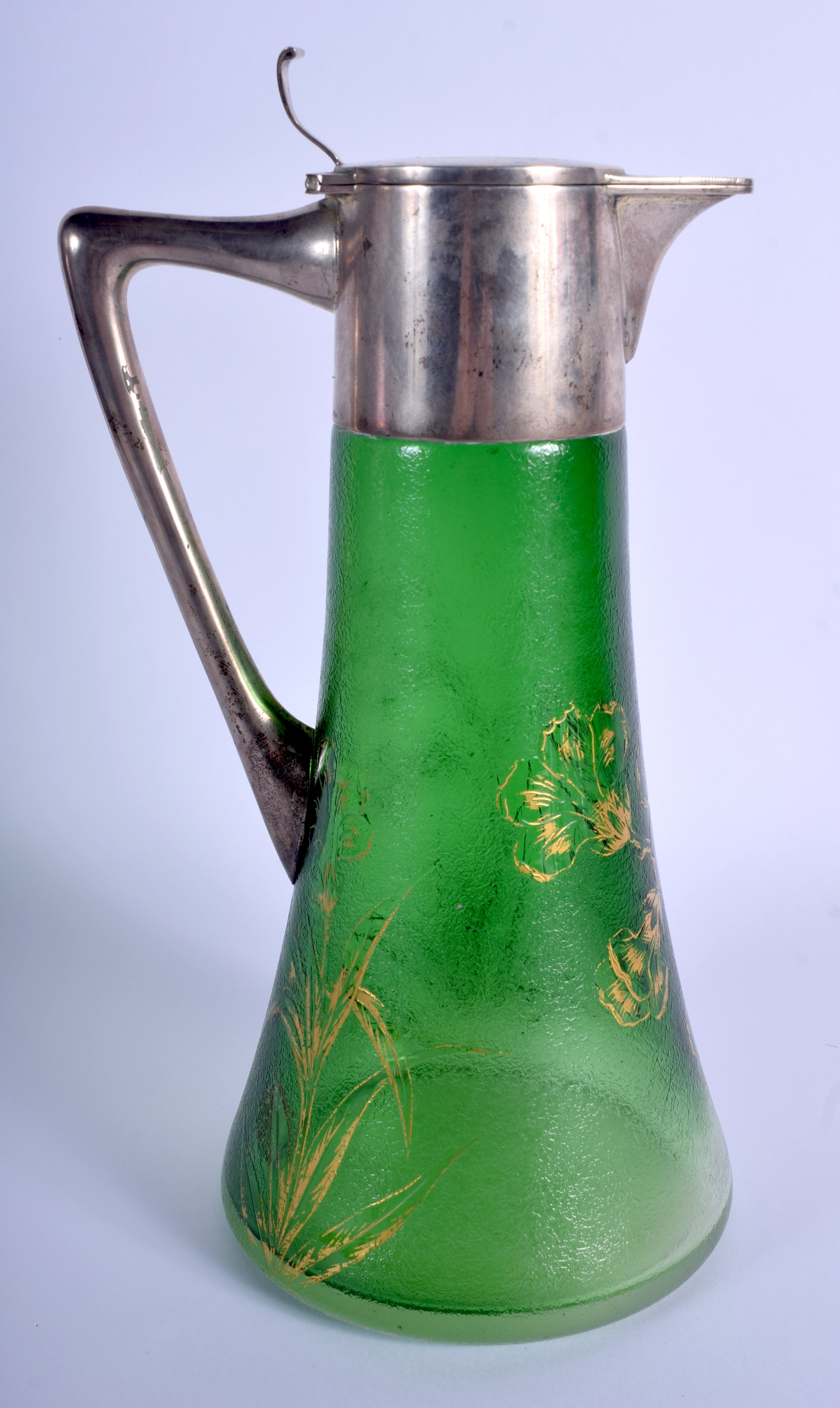 A LARGE ART NOUVEAU SILVER MOUNTED GREEN GLASS CLARET JUG painted with gilt flowers. 28 cm high. - Image 2 of 3