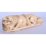 A 19TH CENTURY ANGLO INDIAN CARVED IVORY FIGURE OF A WOLF modelled attacking a serpent. 11 cm x 3 cm
