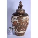 A VERY LARGE 19TH CENTURY JAPANESE MEIJI PERIOD SATSUMA VASE AND COVER with figural terminal, painte