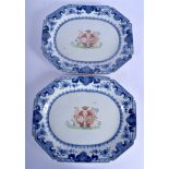 A PAIR OF 18TH CENTURY CHINESE EXPORT BLUE AND WHITE DISHES Qianlong, painted with European scenes.