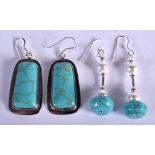 TWO PAIRS OF SILVER AND TURQUOISE EARRINGS. (4)