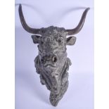 A CONTINENTAL FRENCH TYPE BRONZE BULL HEADS SHOP DISPLAY. 50 cm x 25 cm.