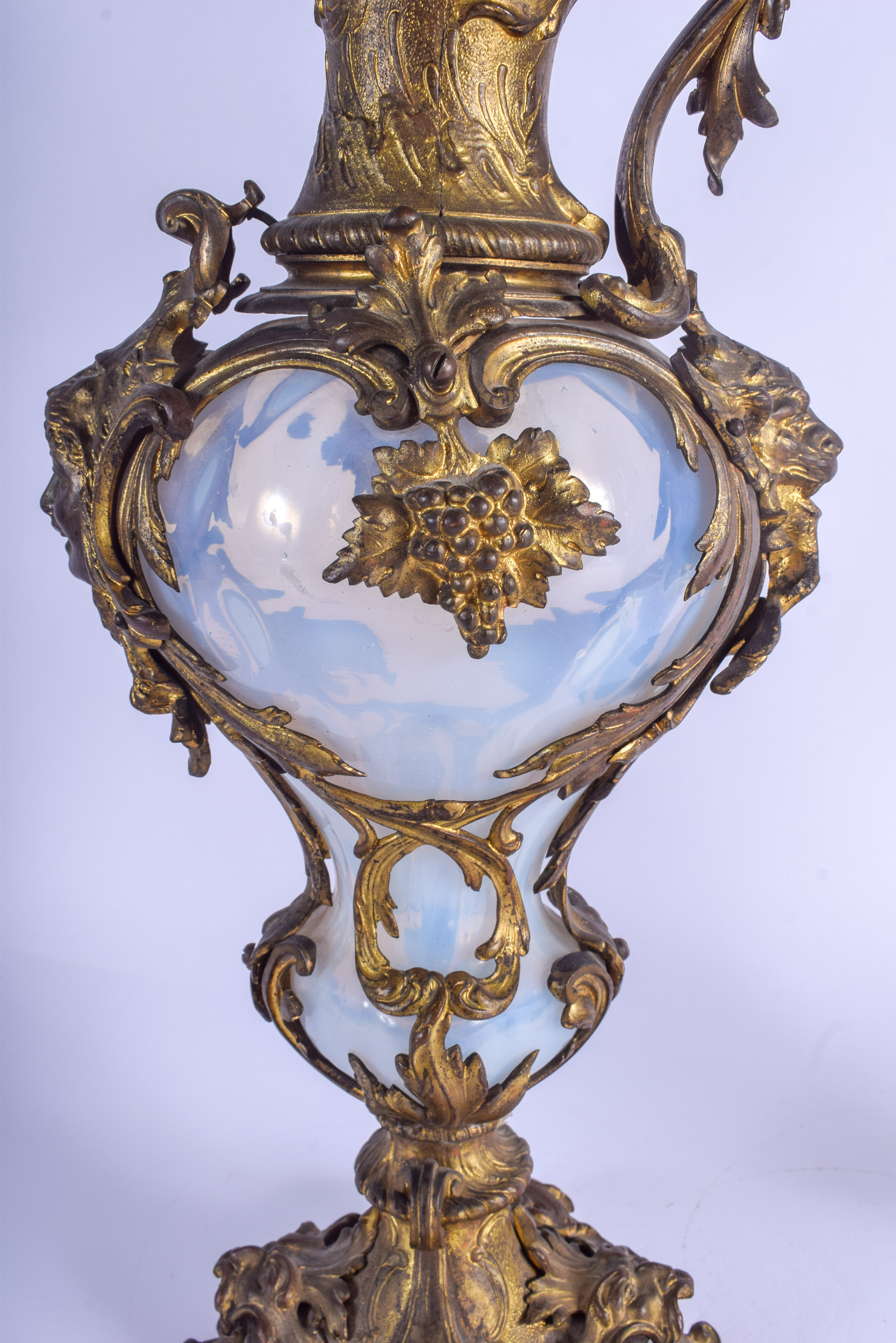 A LARGE PAIR OF 19TH CENTURY VASELINE GLASS EWERS mounted in French bronze. 47 cm x 16 cm. - Image 3 of 4