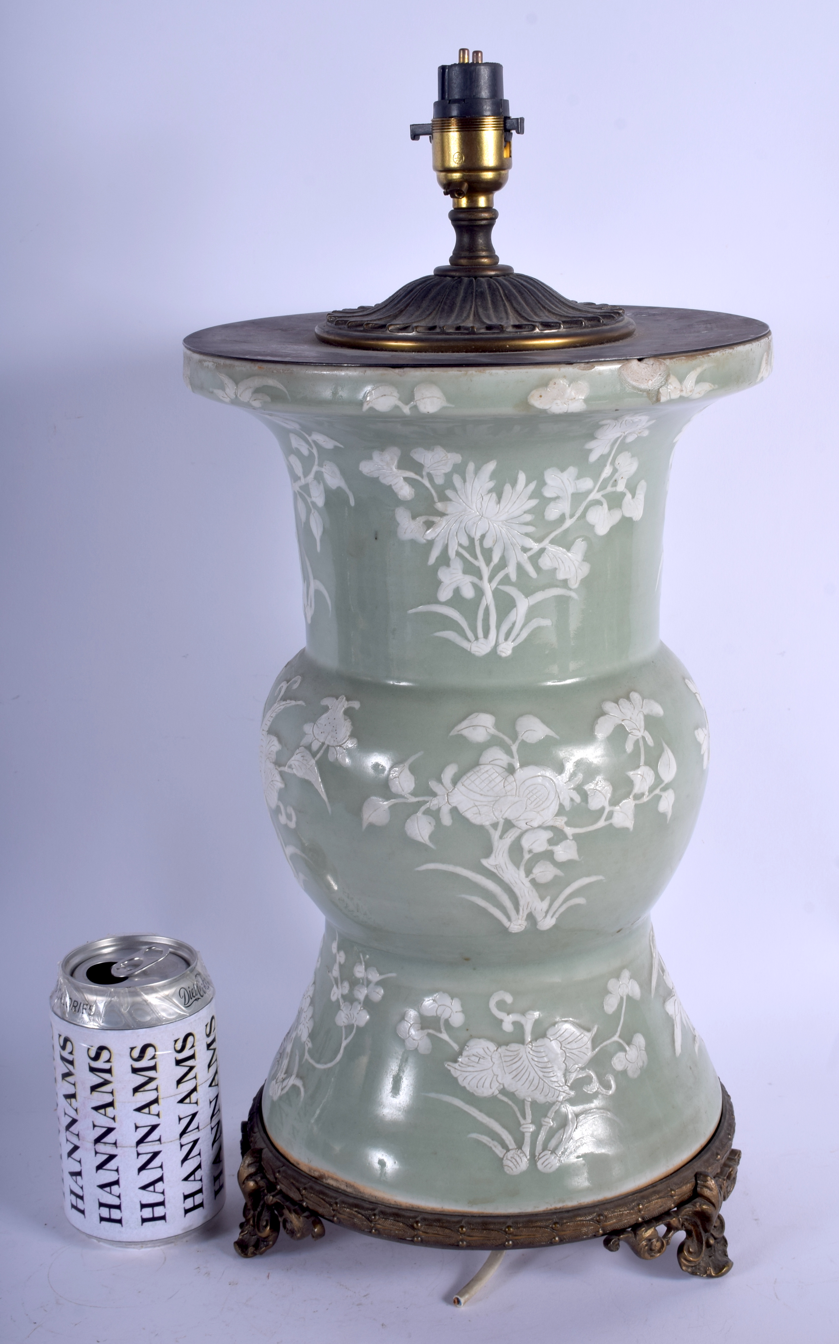 A LARGE 18TH/19TH CENTURY CHINESE CELADON YEN YEN VASE Qing, converted to a lamp, painted with flowe