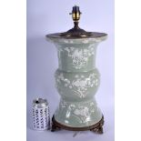 A LARGE 18TH/19TH CENTURY CHINESE CELADON YEN YEN VASE Qing, converted to a lamp, painted with flowe