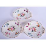 A SET OF THREE EARLY 19TH CENTURY ENGLISH PORCELAIN LEAF SHAPED DISHES Attributed to Coalport. 27 cm