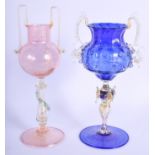 TWO VENETIAN TWIN HANDLED GLASS VASES with gold splash decoration. 21 cm high. (2)