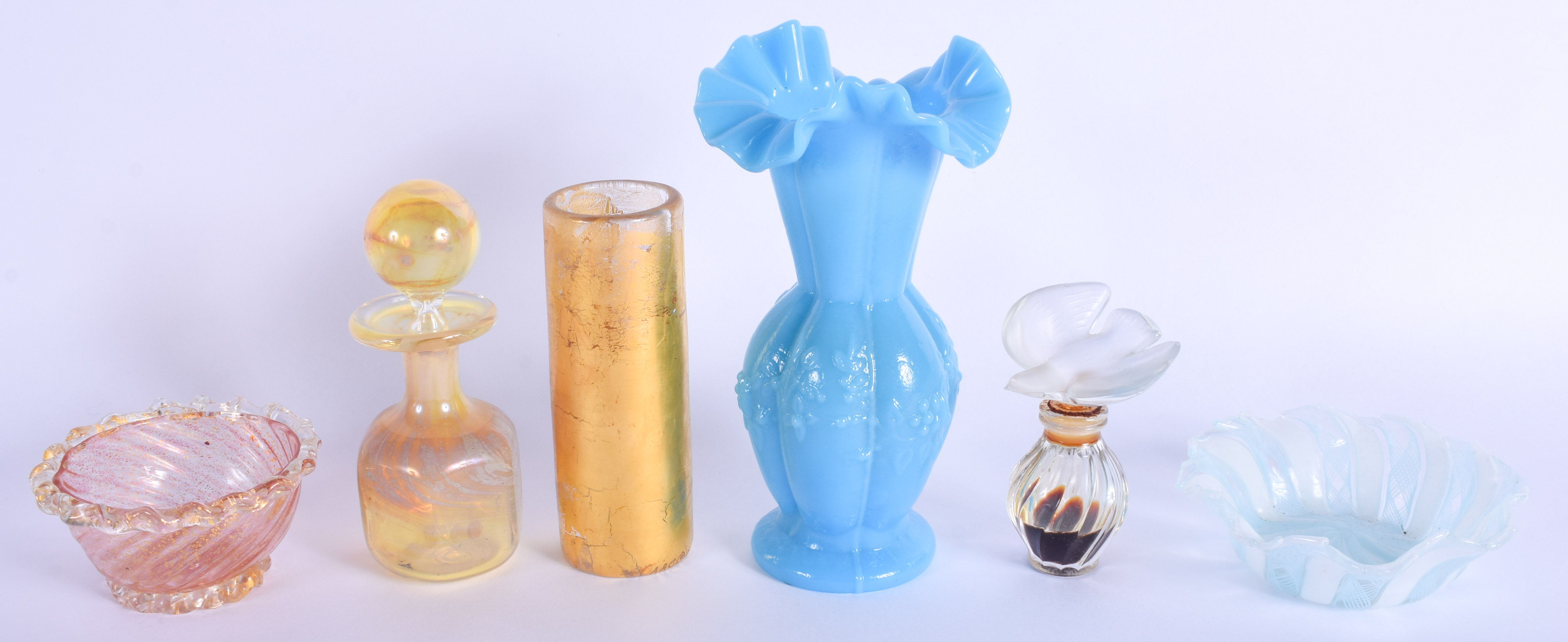 A FRENCH LALIQUE GLASS SCENT BOTTLE together with a Sowerby vase etc. (6)