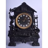 AN UNUSUAL 19TH CENTURY EUROPEAN PAINTED SPELTER CLOCK modelled as a black forest cuckoo clock. 30 c