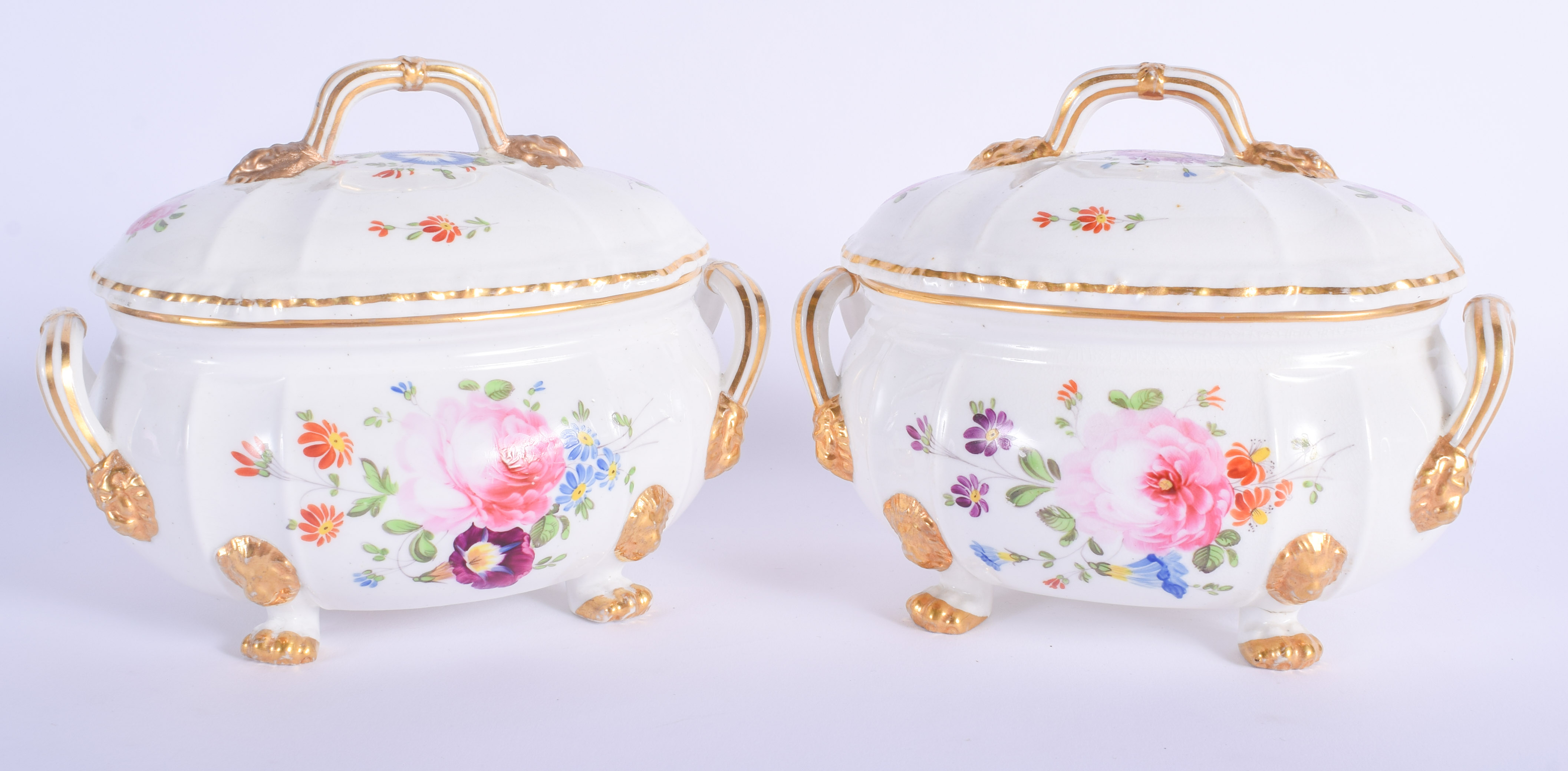 A PAIR OF EARLY 19TH CENTURY DERBY PORCELAIN TUREENS AND COVERS painted with flowers. 18 cm x 15 cm.