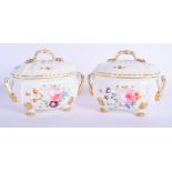 A PAIR OF EARLY 19TH CENTURY DERBY PORCELAIN TUREENS AND COVERS painted with flowers. 18 cm x 15 cm.