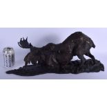 A LARGE CONTEMPORARY BRONZE FIGURE OF A RECUMBENT MOOSE upon a naturalistic base. 55 cm x 25 cm.
