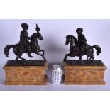 A GOOD PAIR OF 19TH CENTURY EUROPEAN BRONZE FIGURES OF CAVALIERS modelled upon faux marble painted w