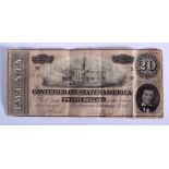 AN 1864 AMERICAN CONFEDERATES STATES AMERICA 20 DOLLAR BILL.
