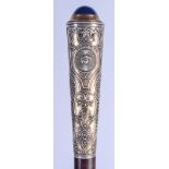 A VINTAGE SILVER AND LAPIS LAZULI CANE HANDLE. 33 cm long.