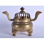 A 19TH CENTURY JAPANESE MEIJI PERIOD TWIN HANDLED BRONZE CENSER AND COVER with Buddhistic lion mount