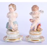 A PAIR OF 19TH CENTURY MEISSEN PORCELAIN FIGURE OF PUTTI modelled upon acanthus capped bases. 11 cm