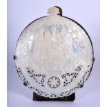 A 19TH CENTURY JERUSALEM MOTHER OF PEARL CARVED BIRTH PLAQUE decorated with foliage. 11 cm x 13 cm.