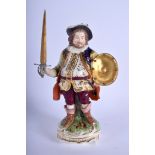AN EARLY 19TH CENTURY BLOOR DERBY FIGURE OF FALSTAFF modelled holding a shield. 24 cm high.