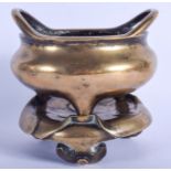 AN 18TH/19TH CENTURY CHINESE TWIN HANDLED BRONZE CENSER ON STAND Qing, bearing Xuande marks to base.