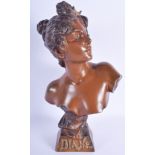 AN ART NOUVEAU BRONZE BUST OF DIANE by Villanis, modelled upon a shaped plinth. 40 cm x 17 cm.