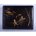 A LATE 19TH CENTURY JAPANESE MEIJI PERIOD BLACK LACQUER PHOTOGRAPH ALBUM decorated with figures. 35