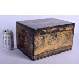 A LARGE 19TH CENTURY CHINESE EXPORT BLACK LACQUER TEA CADDY Qing, painted with warriors within land