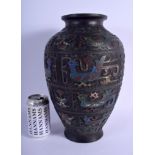 A LARGE 19TH CENTURY CHINESE CHAMPLEVE ENAMEL BRONZE VASE decorated with birds and taotie mask head