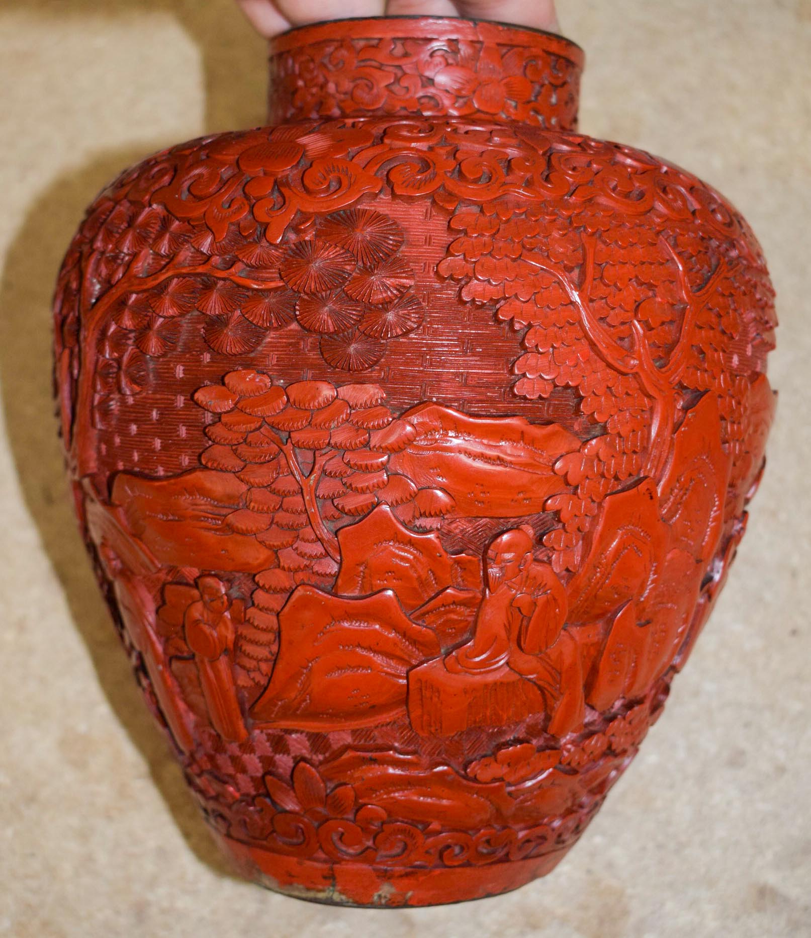 A RARE 19TH CENTURY CHINESE CARVED CINNABAR LACQUER VASE AND COVER Qing, upon a fitted stand. 37 cm - Image 7 of 20