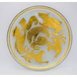 Persian glass dish decorated with Gilt or possibly gold leaf beasts 23cm