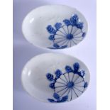 A PAIR OF 19TH CENTURY JAPANESE MEIJI PERIOD BLUE AND WHITE DISHES. 15 cm x 10 cm.