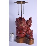 A LARGE 19TH CENTURY JAPANESE MEIJI PERIOD CORAL GROUND PORCELAIN LION converted to a lamp. Lion 28