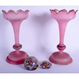TWO VINTAGE GLASS PAPERWEIGHTS together with a pair of pink opaque glass lustres. Largest 30 cm hig